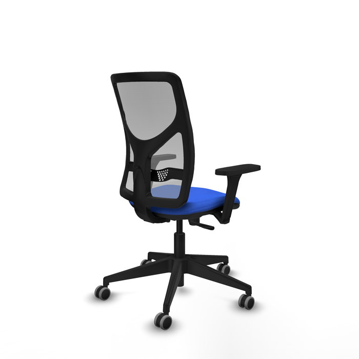 Silla de oficina Motilla con mecanismo Sincro tapizada con Tela color Azul y malla color Gris. Equipada con lumbar 1D, Brazos 3D y Ruedas 65 mm parqué