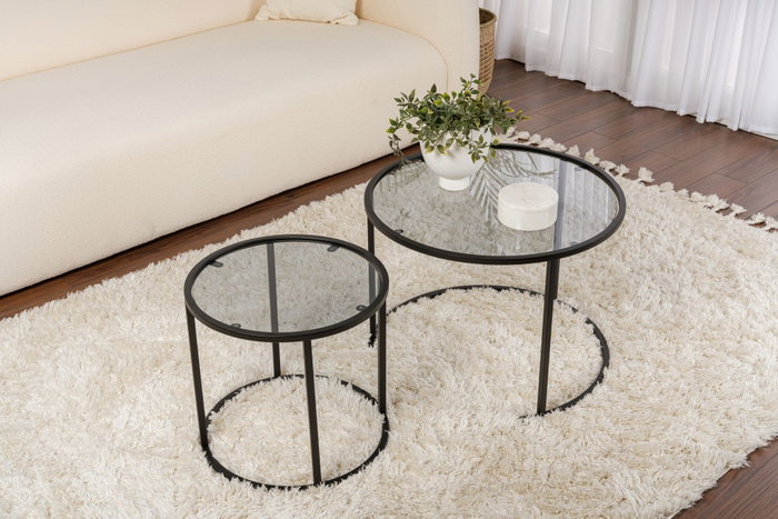 Aurum Juego de Mesas de Café 60x42 cm Negro Gris Vidrio Templado Metal Elegante Sofisticado