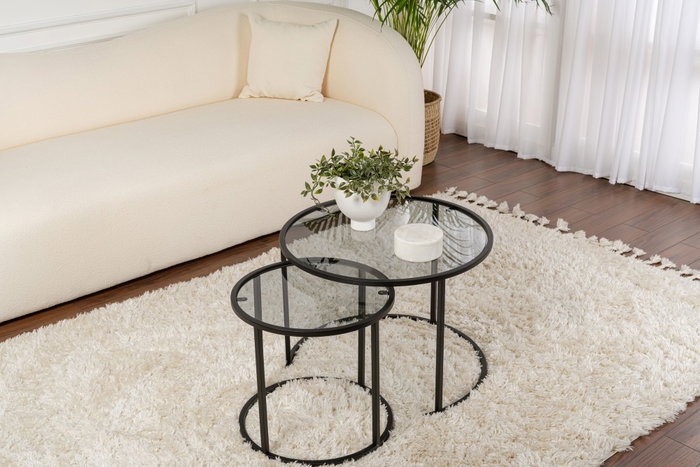 Aurum Juego de Mesas de Café 60x42 cm Negro Gris Vidrio Templado Metal Elegante Sofisticado