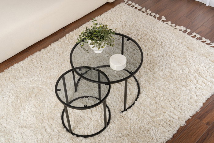 Aurum Juego de Mesas de Café 60x42 cm Negro Gris Vidrio Templado Metal Elegante Sofisticado
