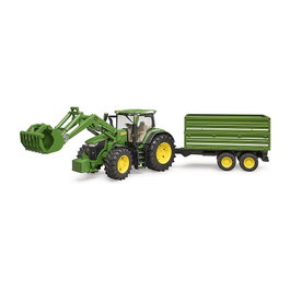 BRUDER John Deere 7R 350 con cargadora frontal y remolque de eje tándem (verde)