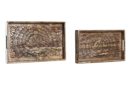 DKD Home Decor Set de 2 Bandejas de Mango Buda Decapé Marrón 43x27,5x7,5 cm
