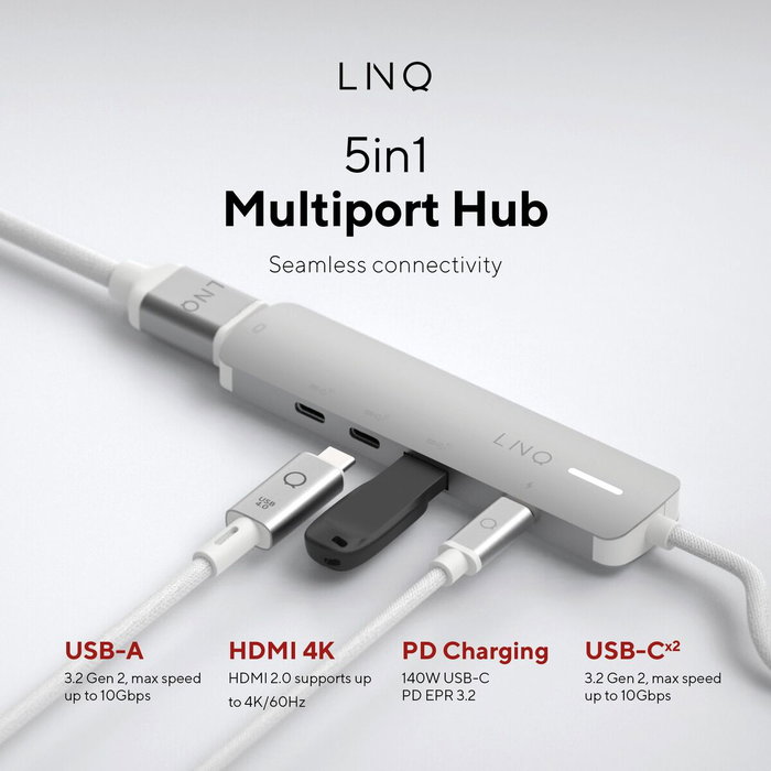 Linq Hub USB-C 5 Puertos Pro 140W Gris con USB 3.2, HDMI y PD Linq Hub USB-C 5 Puertos Pro 140W Gris con USB 3.2, HDMI y PD