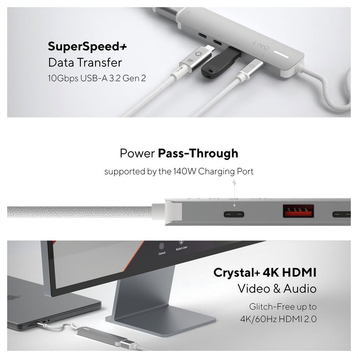 Linq Hub USB-C 5 Puertos Pro 140W Gris con USB 3.2, HDMI y PD Linq Hub USB-C 5 Puertos Pro 140W Gris con USB 3.2, HDMI y PD