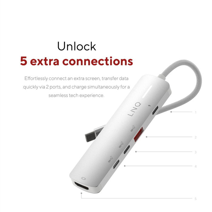 Linq Hub USB-C 5 Puertos Pro 140W Gris con USB 3.2, HDMI y PD Linq Hub USB-C 5 Puertos Pro 140W Gris con USB 3.2, HDMI y PD
