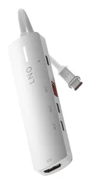 LINQ LQ49051 Hub 5 en 1 USB-C Pro para Portátil - HDMI 4K/60Hz, Carga PD 140W, 3x USB-C 10Gbps y 1x USB-A, Base de Aluminio, Gris y Blanco