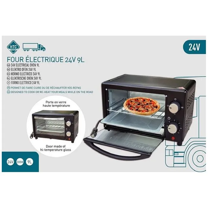 Horno Eléctrico de 9 Litros 24V 300W, Selector 3 Horas, Puerta de Cristal, Cable 90cm - HTC Equipement
