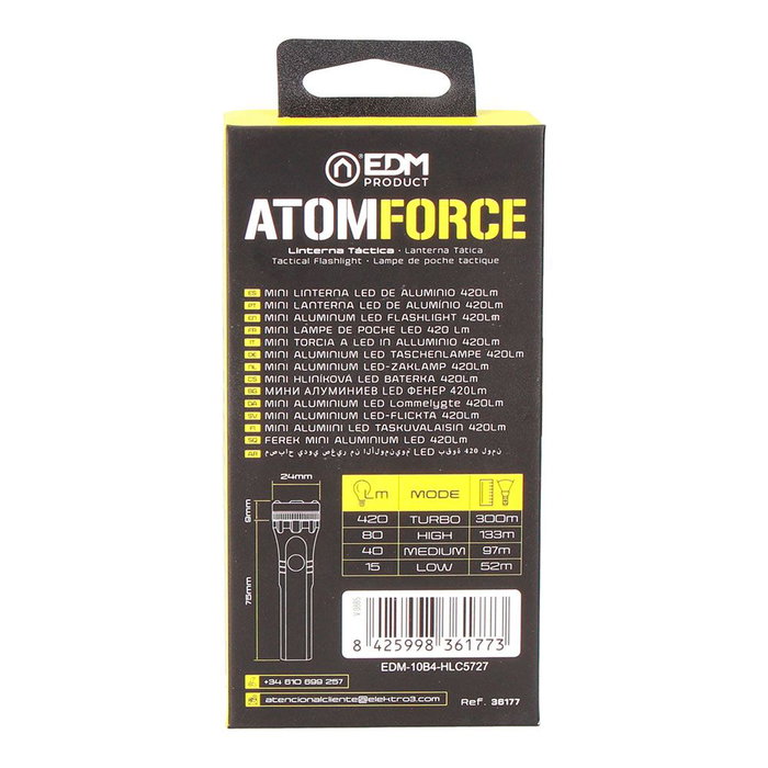 EDM Atom Force Linterna LED Recargable Mini, 10W 420 Lúmenes, Aluminio, USB-C, 5 Modos, IP44