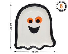 Pack De 6 Platos Desechables Fantasma Blanco Halloween 18x22 cm para Fiestas, Cumpleaños y Eventos