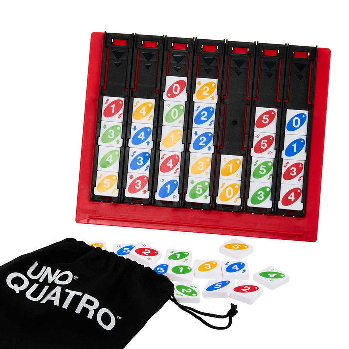Mattel Games HPF82 UNO Quatro Juego de Cartas Familiar con Mecánica de Cuatro en Raya y Acciones Especiales