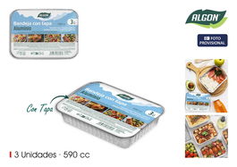 Inde Set de 3 Bandejas Rectangulares de Aluminio con Tapa, 590 cc, 19.2 cm Largo x 14.3 cm Ancho x 4.5 cm Alto (12 Unidades)