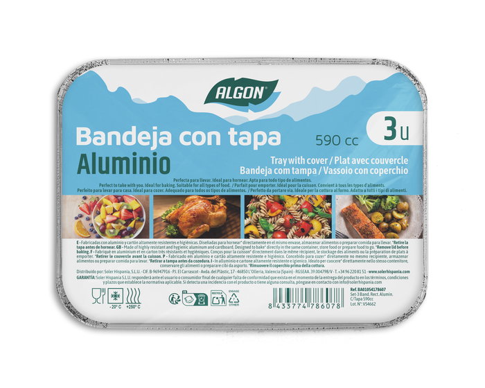 Inde Set de 3 Bandejas Rectangulares de Aluminio con Tapa, 590 cc, 19.2 cm Largo x 14.3 cm Ancho x 4.5 cm Alto (12 Unidades)