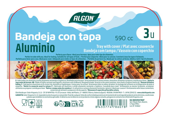 Inde Set de 3 Bandejas Rectangulares de Aluminio con Tapa, 590 cc, 19.2 cm Largo x 14.3 cm Ancho x 4.5 cm Alto (12 Unidades)