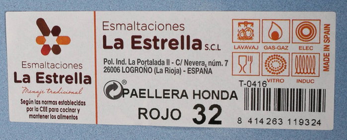 La Estrella Paellera honda bordonada de 32 cm, color rojo, diámetro 33.3 cm, altura 8.8 cm, de acero con tratamiento antiadherente (4 Unidades)