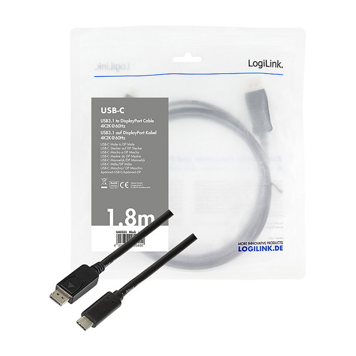 LogiLink Cable USB-C a DisplayPort 1,8 m 4K/60 Hz Negro