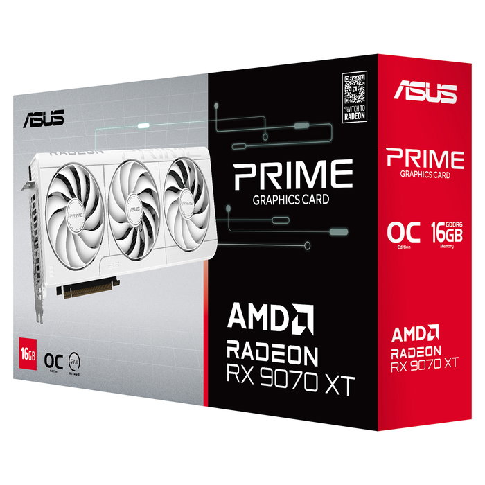 ASUS Prime RX 9070 XT Radeon 16GB GDDR6 256-bit OC Edition Blanco - Tarjeta Gráfica PCIe 5.0, 7680x4320, 3 Ventiladores Axial-tech