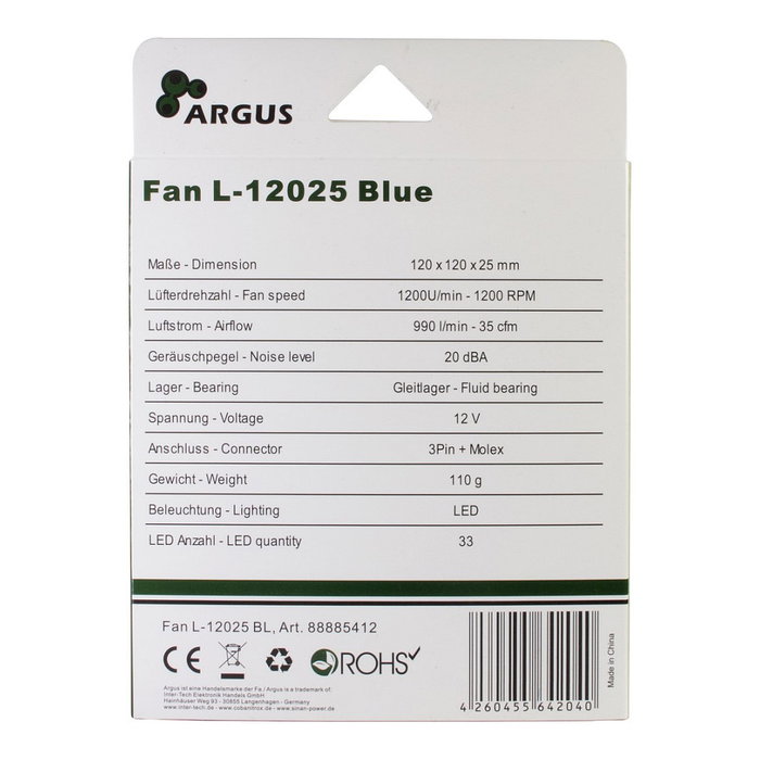 Inter-Tech Lüfter ARGUS L-12025 BL, azul