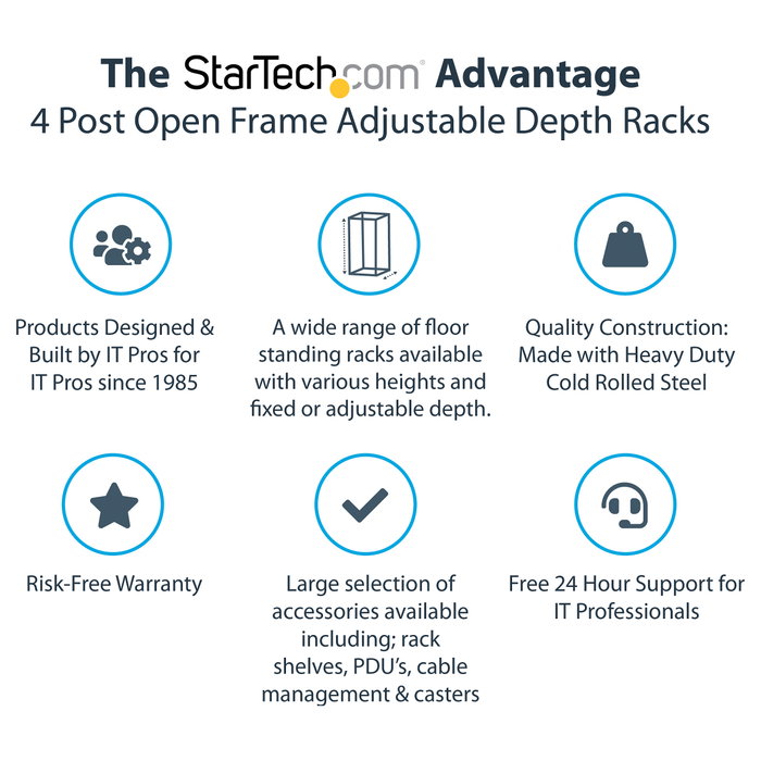 StarTech Rack de marco abierto 42U de 4 columnas con profundidad ajustable StarTech Rack de marco abierto 42U de 4 columnas con profundidad ajustable