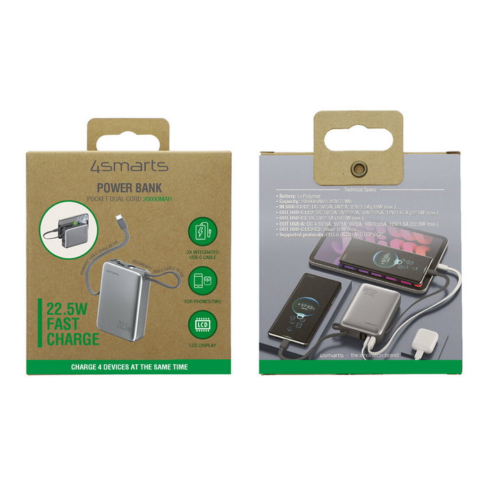 4smarts Powerbank Pocket Dual Cord 20000mAh 22.5W Gris 541626