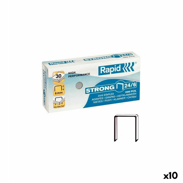 Rapid Grapas 24/6 Strong Galvanizadas - Set de 10 Cajas de 1000 Unidades