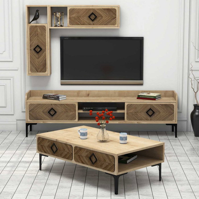 Hanah Home Conjunto Muebles Salón Industrial Roble - Mueble TV, Estante Pared y Mesa Centro - Diseño Moderno