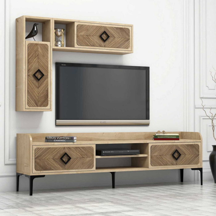 Hanah Home Conjunto Muebles Salón Industrial Roble - Mueble TV, Estante Pared y Mesa Centro - Diseño Moderno