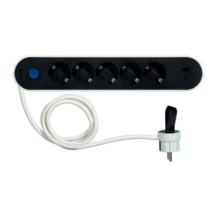 Simon Base múltiple de 5 tomas Schuko y 2 USB con interruptor de pie