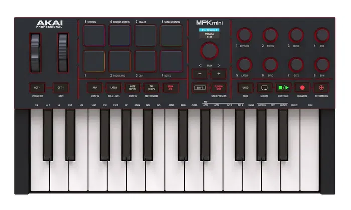Akai Professional Controlador MIDI MPK Mini IV, 25 Teclas, 8 Pads RGB Retroiluminados, Pantalla a Color, USB-C, Color Negro