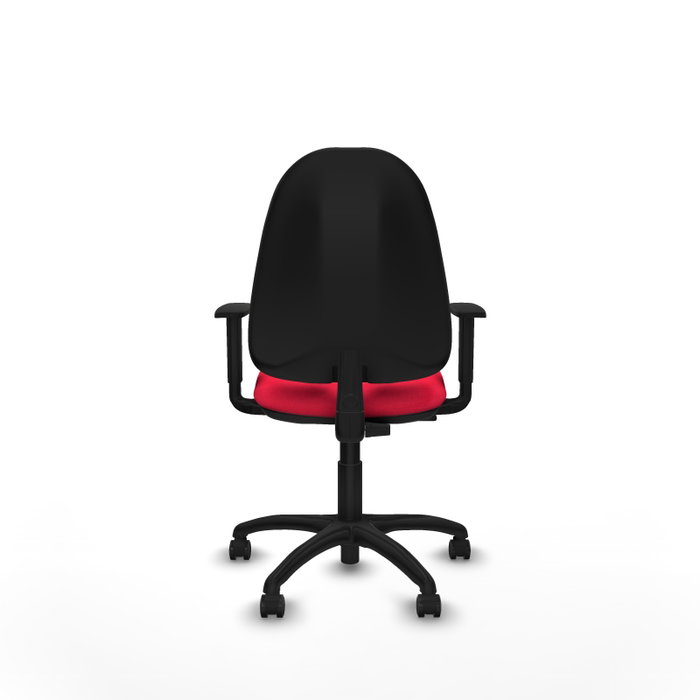 Silla de oficina Algarra con mecanismo Contacto permanente básico tapizada con Tela color Rojo. Equipada con Base poliamida negra, Brazos 1D y Ruedas de parqué