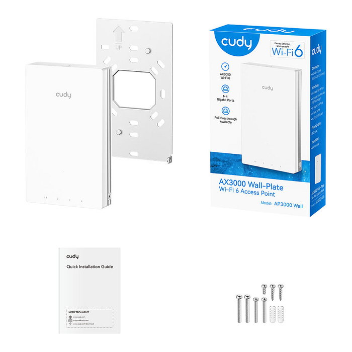 Cudy AP3000E AX3000 Punto de Acceso Wi-Fi 6 de Placa de Pared Mesh, 2976 Mbps, 2.4/5 GHz, 1x Gigabit, WPA3, Blanco