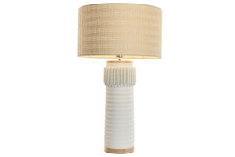 DKD Home Decor Lámpara de Sobremesa de Cerámica y Lino Blanco