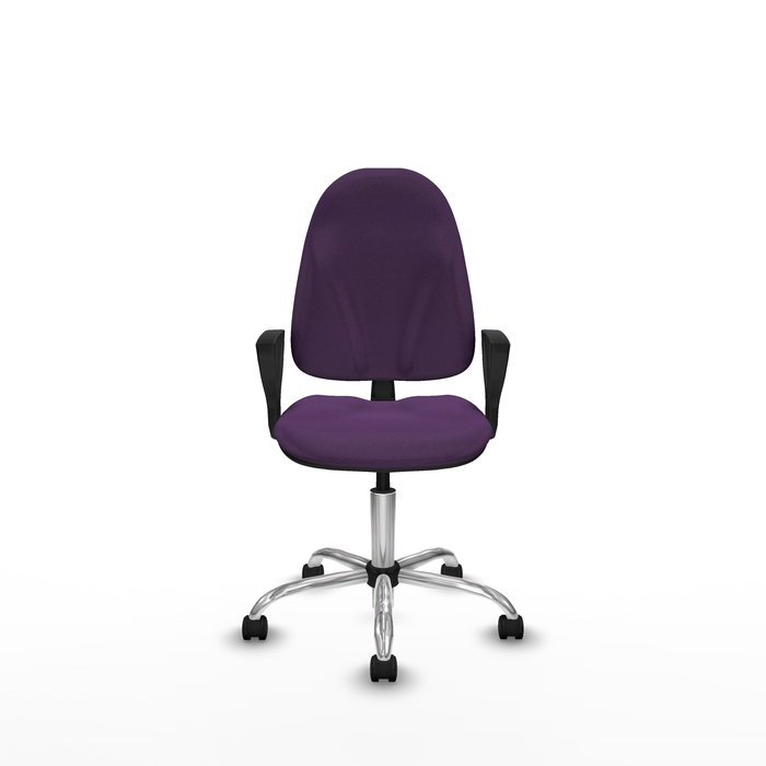 Silla de oficina Algarra con mecanismo Contacto permanente básico tapizada con Tela color Morado. Equipada con Base cromada, Brazos fijos y Ruedas de nailon 50 mm