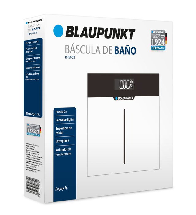 BLAUPUNKT Báscula de Baño Digital con Indicador de Temperatura y Superficie de Cristal Extraplana - Control de Peso y Salud