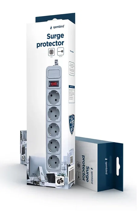 Gembird Regleta Energenie SPG3-B-15C con 5 Enchufes Schuko, Cable 4.5m, Protección contra Sobretensiones, Interruptor Automático 16A, Color Gris
