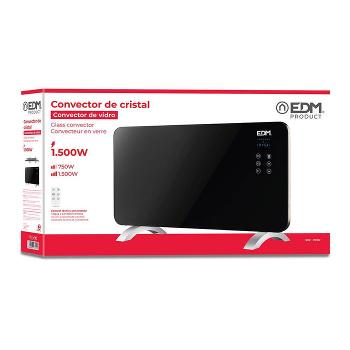 Edm Placa de cristal Convector 1500W con programador y mando a distancia, Negro