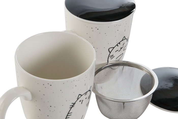 DKD Home Decor Mug Infusiones Scandi Blanco Negro 340ml Porcelana Inox Apto Microondas Lavavajillas Set 2 Unidades Caja Regalo