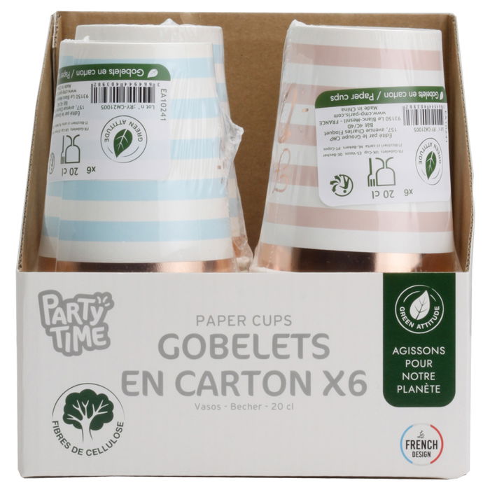 Party Time Juego De 6 Vasos De Papel 200 Ml, Modelos Surtidos Happy Day Rosa Y Happy Moments Azul