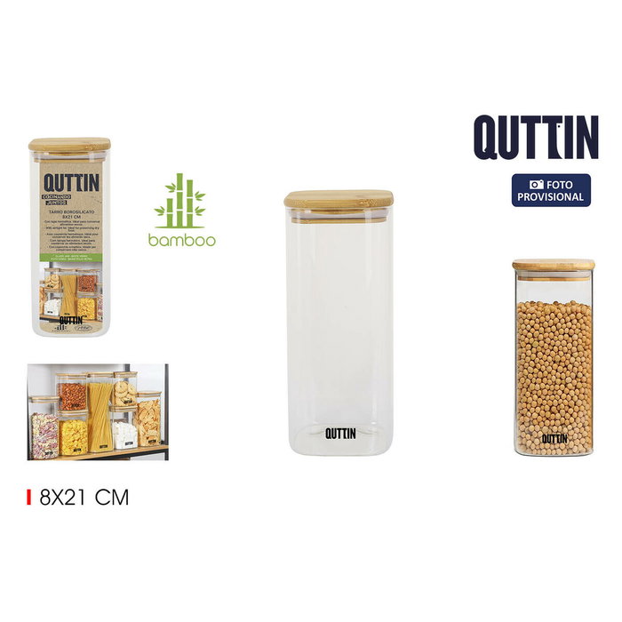 Quttin Tarro Cuadrado de Boro con Tapa de Bambú 1000ml (12 Unidades)