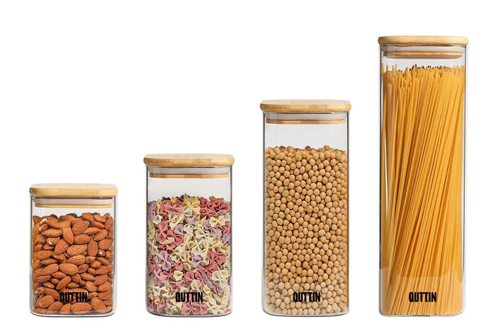 Quttin Tarro Cuadrado de Boro con Tapa de Bambú 8 x 21 cm (1000ml) (12 Unidades)