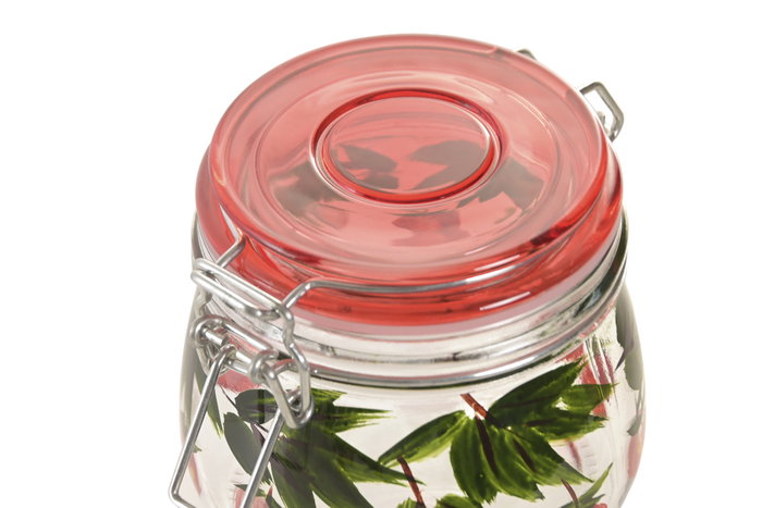 DKD Home Decor Set de 3 Botes de Cristal y Metal con Diseño de Fresas Rojo
