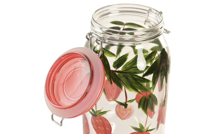 DKD Home Decor Set de 3 Botes de Cristal y Metal con Diseño de Fresas Rojo