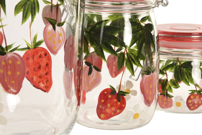 DKD Home Decor Set de 3 Botes de Cristal y Metal con Diseño de Fresas Rojo