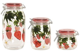 DKD Home Decor Set de 3 Botes de Cristal y Metal con Diseño de Fresas Rojo