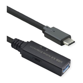 ROLINE Cable USB 3.2 Gen 1 con Repetidor Activo, USB C a USB A, 5 m, Negro