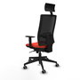 Silla de oficina Horna con mecanismo Sincro tapizada con Tela color Naranja oscuro y malla color Negro. Equipada con lumbar 1D, Brazos 1D, Cabecero Fijo y Ruedas 65 mm parqué