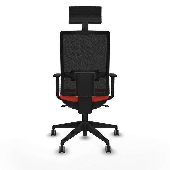 Silla de oficina Horna con mecanismo Sincro tapizada con Tela color Naranja oscuro y malla color Negro. Equipada con lumbar 1D, Brazos 1D, Cabecero Fijo y Ruedas 65 mm parqué