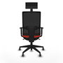 Silla de oficina Horna con mecanismo Sincro tapizada con Tela color Naranja oscuro y malla color Negro. Equipada con lumbar 1D, Brazos 1D, Cabecero Fijo y Ruedas 65 mm parqué