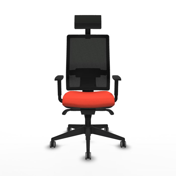 Silla de oficina Horna con mecanismo Sincro tapizada con Tela color Naranja oscuro y malla color Negro. Equipada con lumbar 1D, Brazos 1D, Cabecero Fijo y Ruedas 65 mm parqué