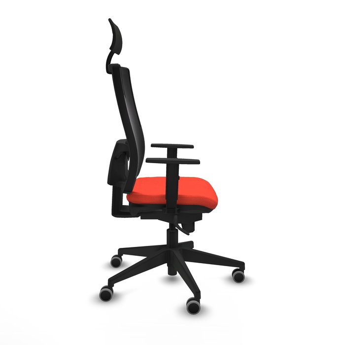 Silla de oficina Horna con mecanismo Sincro tapizada con Tela color Naranja oscuro y malla color Negro. Equipada con lumbar 1D, Brazos 1D, Cabecero Fijo y Ruedas 65 mm parqué