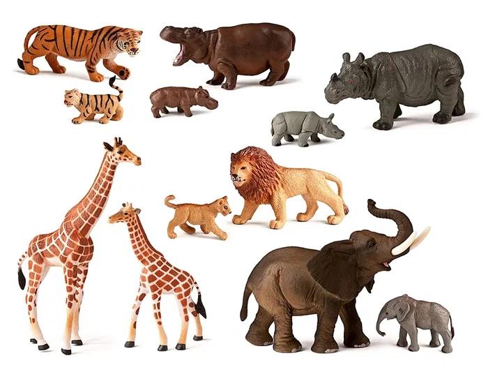 Miniland Juego Animales de la Selva con Crías 12 Figuras Jirafa León Elefante Tigre Hipopótamo Rinoceronte Guía Didáctica